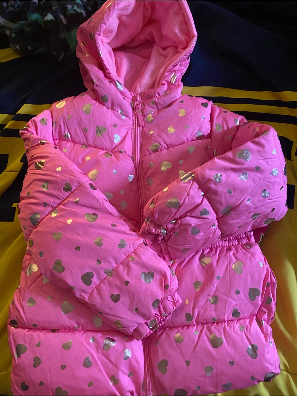 Pink Platinum Hot Pink Puffer Jacket with Silver Hearts
